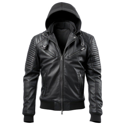 Mens Leather Jacket Motorcycle Biker Removable Hood Multi Zipper Genuine Leather Jackets