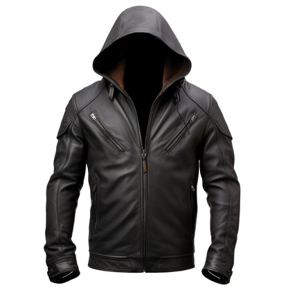 Mens Hooded Leather Jacket Motorcycle Biker Zipper Quilted Moto Genuine Leather Jackets