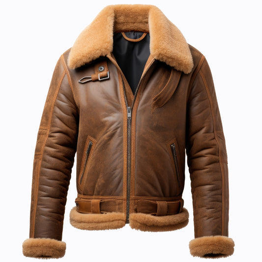 Men Shearling Lapel Fur Leather Jacket Brown B3 Bomber Coat Zipper Pockets Aviation Genuine Leather Jackets