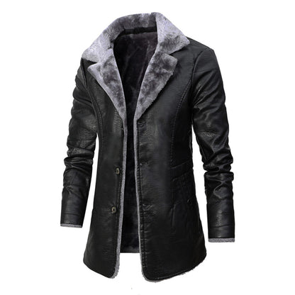 Men Winter Leather Jacket Lapel Fleece Motor Biker Leather Jacket Men Business Casual Long Genuine Leather Coats