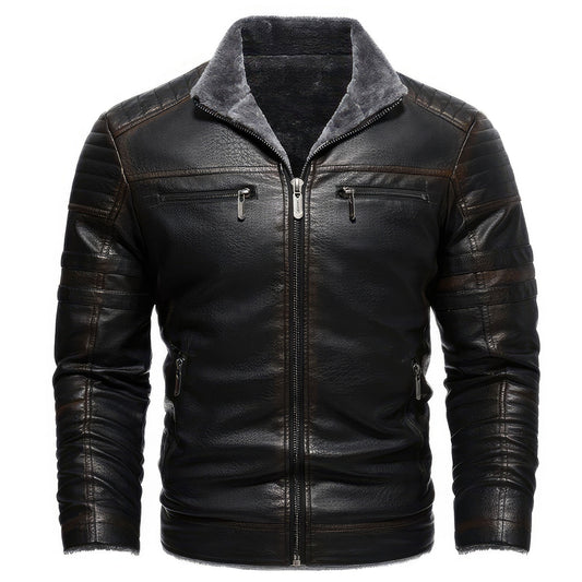 Mens Leather Jacket Casual Zipper Fleece Warm Coats Men Vintage Motorcycle Genuine Leather Jackets