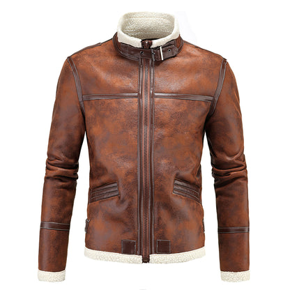 Mens Lambs Wool Jacket Casual Stand Collar Warm Thickening Biker Coat Genuine Leather Jackets