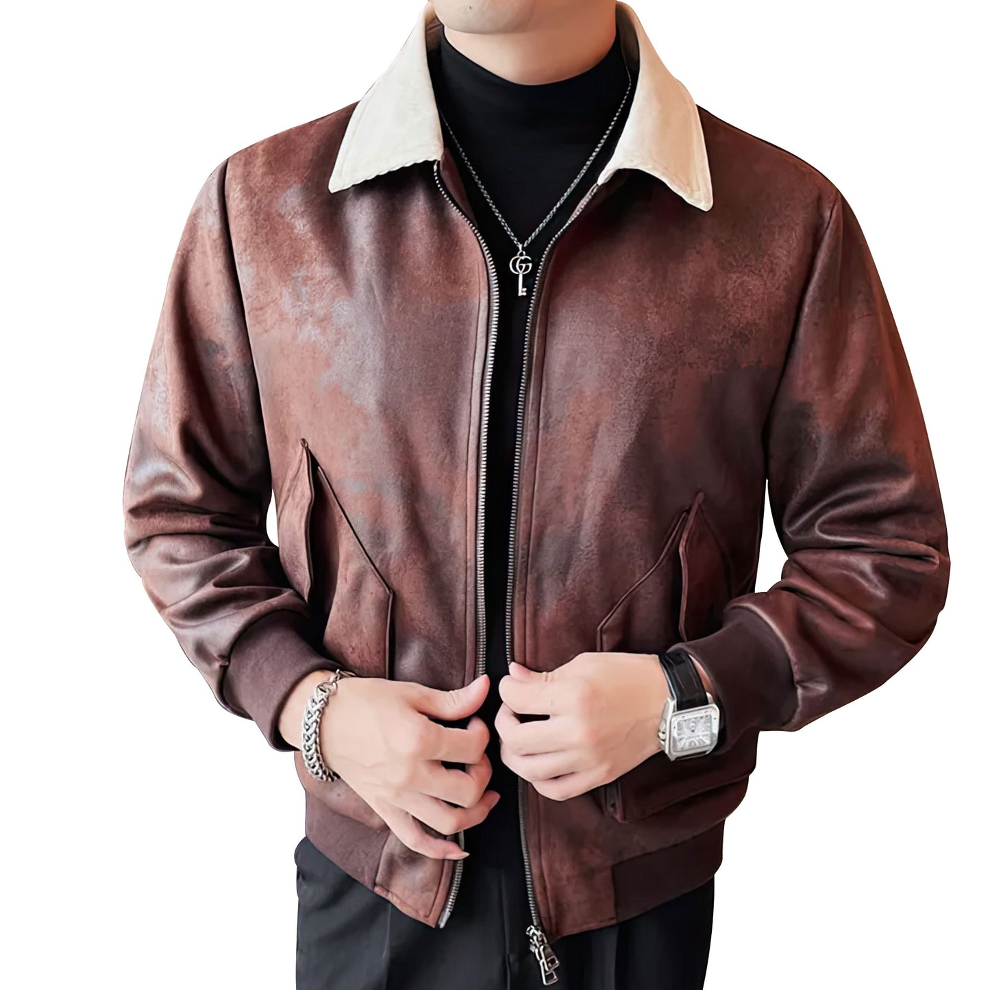 Men Lapel Motorcycle Jacket Handsome Slim Fit Casual Business Genuine Leather Jackets