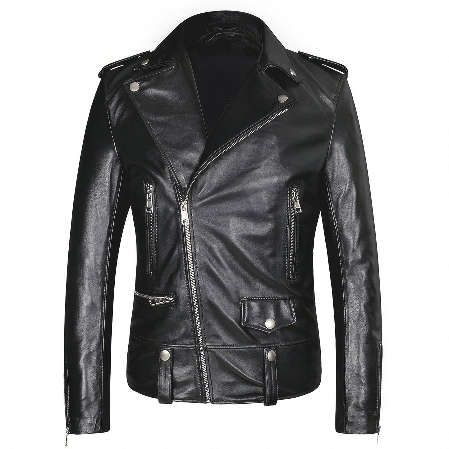 Men's Motorcycle Genuine Leather Sheepskin Coat Asymmetric Zipper Rider Genuine Leather Jackets