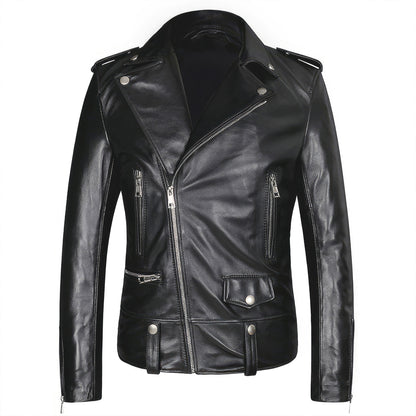 Men's Motorcycle Genuine Leather Sheepskin Coat Asymmetric Zipper Rider Genuine Leather Jackets