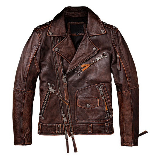 Mens Motorcycle Vintage Brown Leather Jacket Natural Cowhide Zipper Coat Genuine Leather Jackets