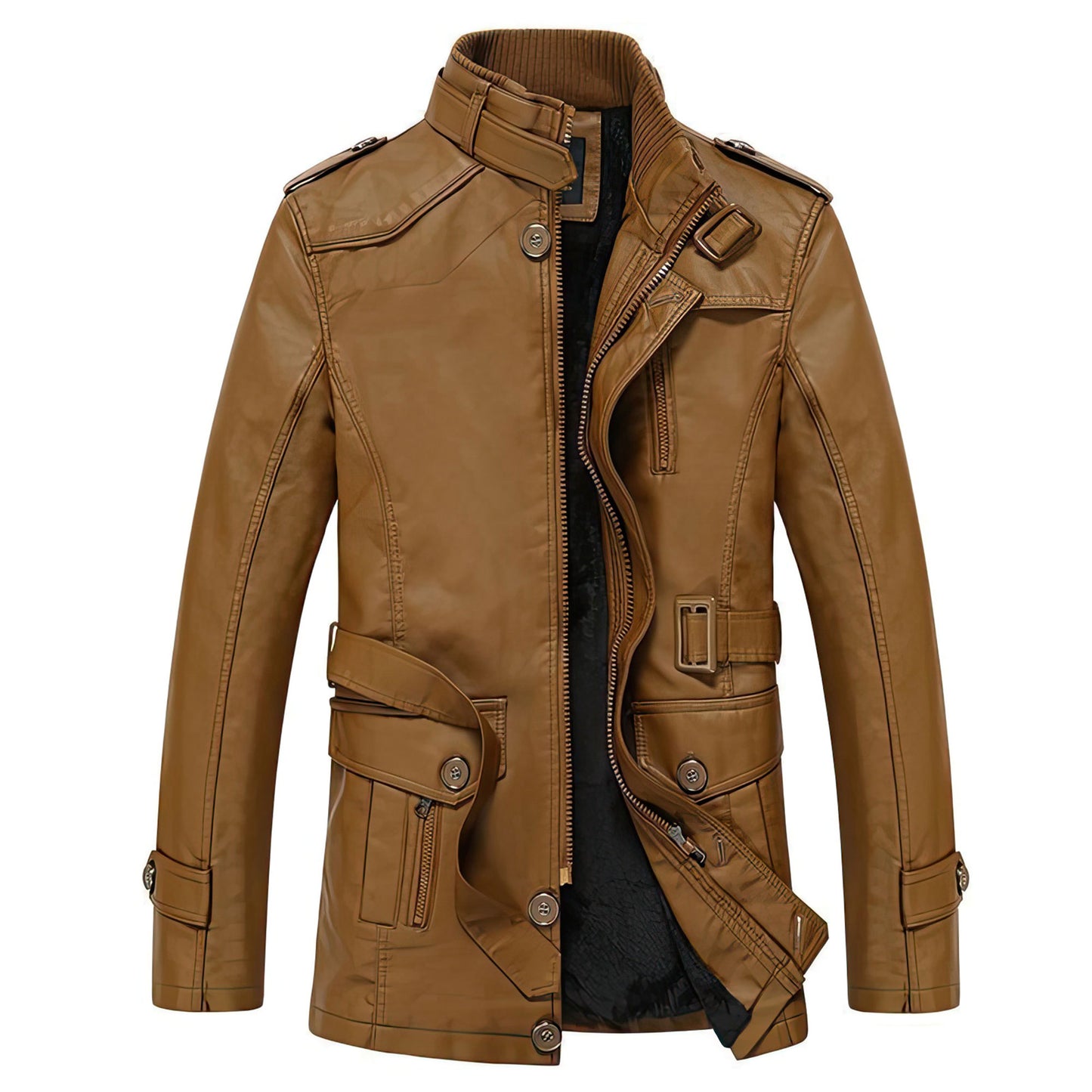 Mens Thickened And Plush Leather Jacket Middle-aged Casual Mid Length Warm Cotton Jacket Coat