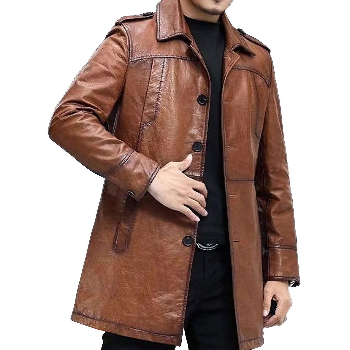 Mens Sheepskin Trench Genuine Leather Turn-Down Collar Single Business Casual Coat Autumn Outerwear