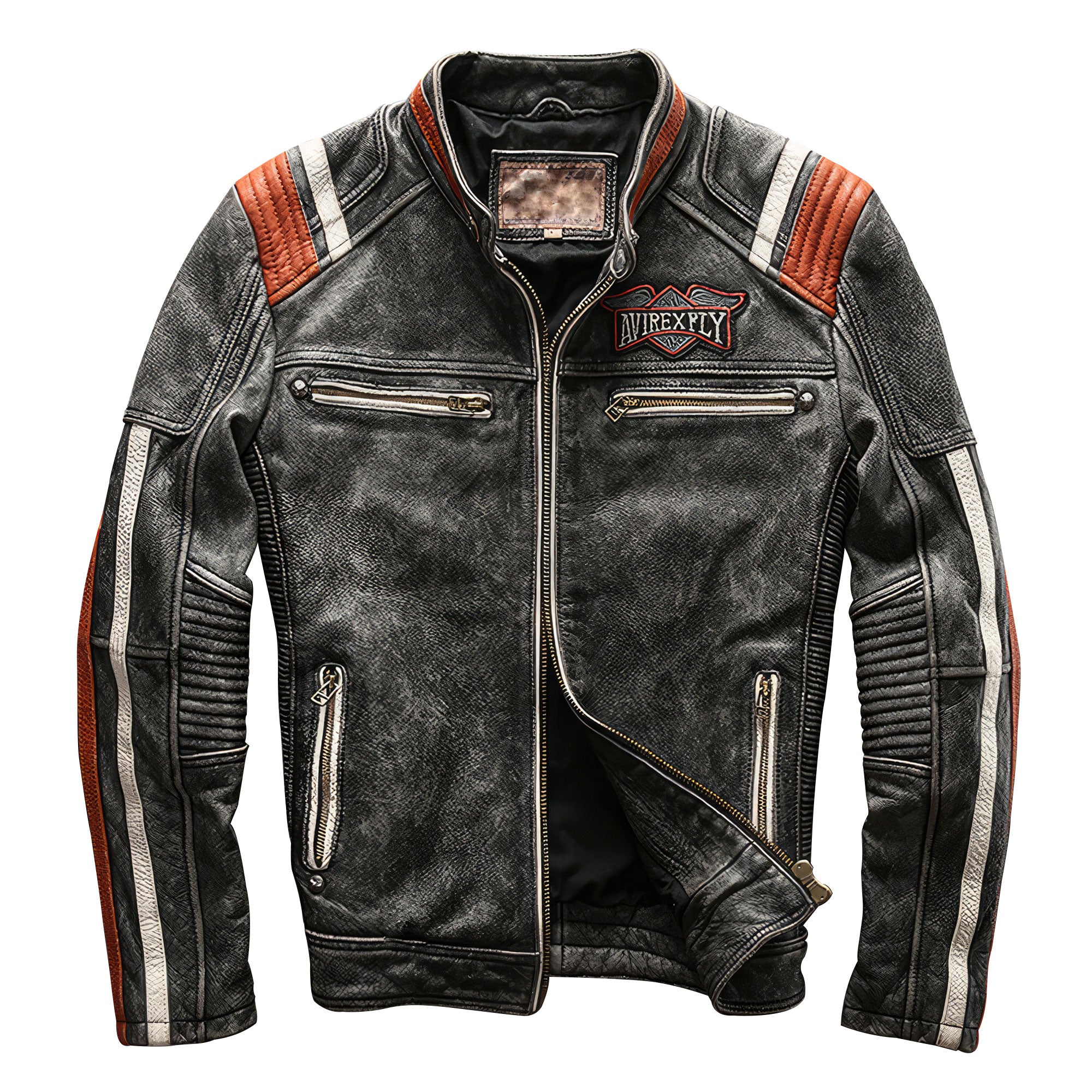 Men's Motorcycle Rider Jacket Vintage Coat Stand Collar Embroidery Cow ...