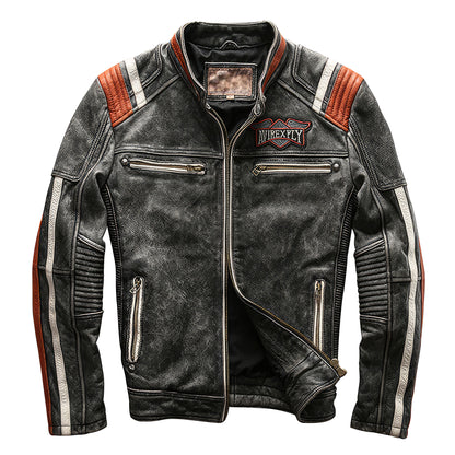 Men's Motorcycle Rider Jacket Vintage Coat Stand Collar Embroidery Cowhide Genuine Leather Jacket