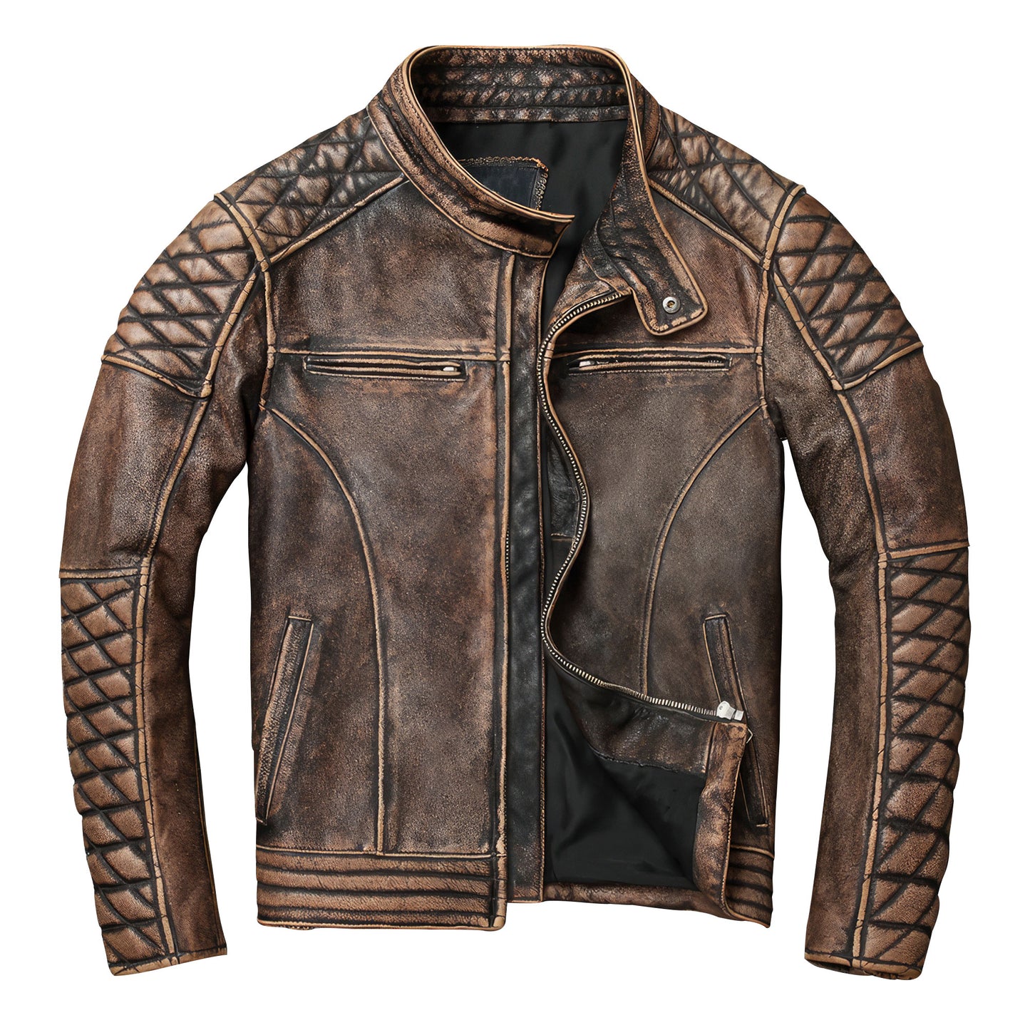 Men's Vintage Motorcycle Stand Collar Natural Cowhide Classic Top Layer Cowhide Moto Suit Biker Genuine Leather Jackets