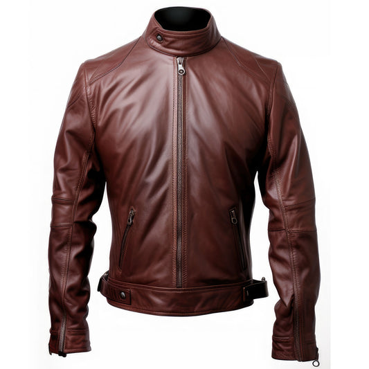 Mens Blazer Leather Jacket Casual Brown Stand Collar Punk Motorcycle Biker Racer Zipper Genuine Leather Jackets