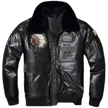 Mens Cotton Warm Coat Detachable Lamb Collar Slim Pilot Bomber Genuine Leather Jacket