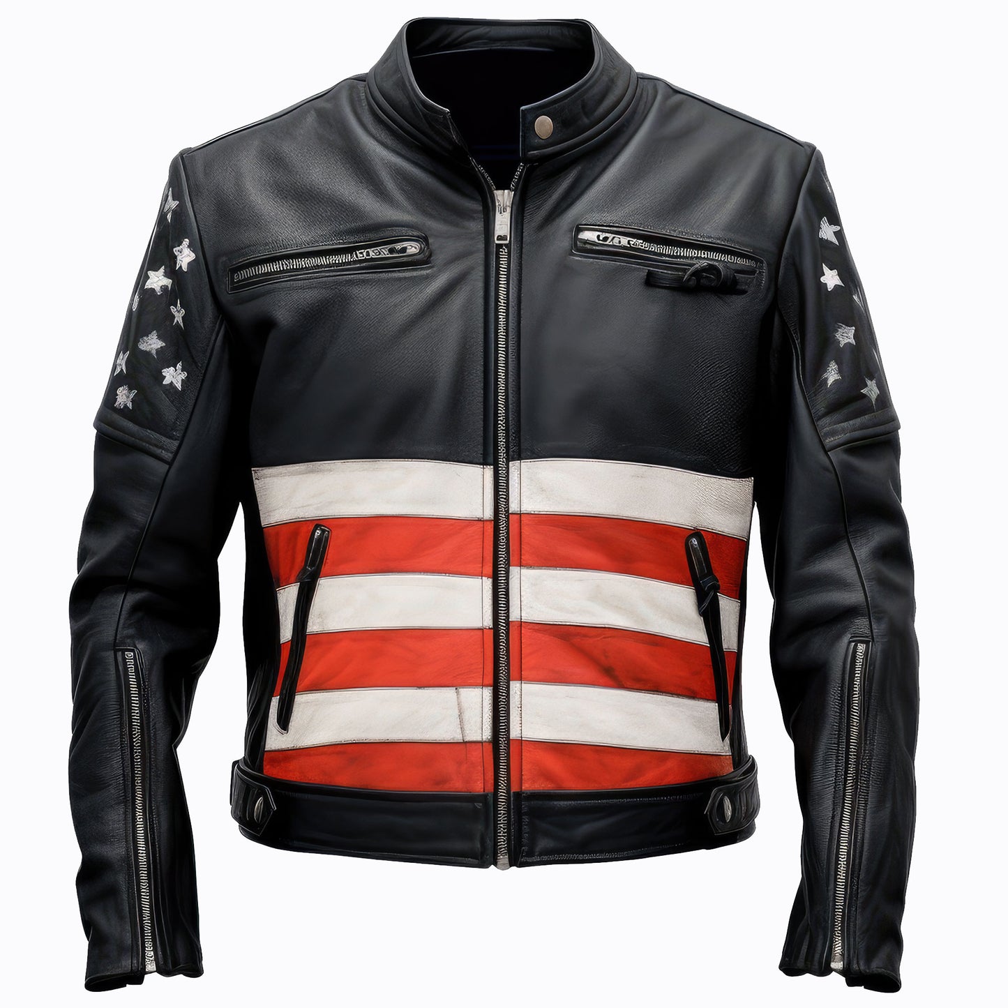 Mens Leather Jacket Inspired by American Flag USA Casual Motorcycle Black Zipper Coat With USA Flag Genuine Leather Jackets