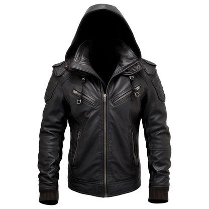 Mens Leather Jacket Motorcycle Biker Removable Hood Zipper Genuine Leather Jackets