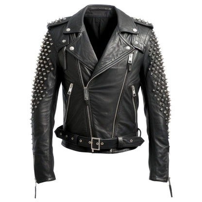 Mens Motorbike Jacket Rock Punk Spike Studded Patches Motorcycle Biker Moto Genuine Leather Jackets