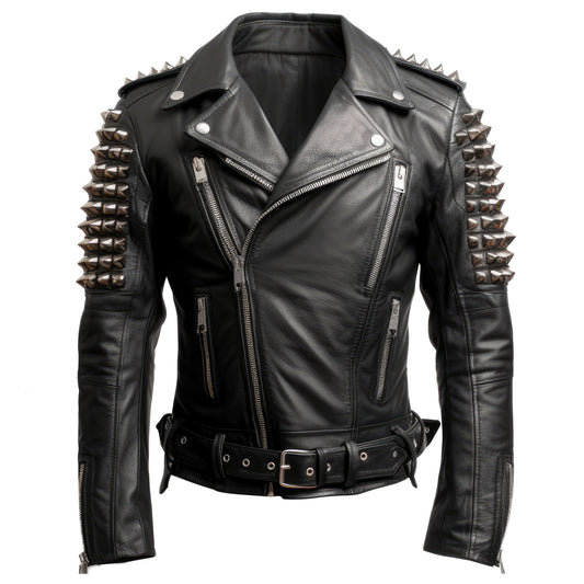 Mens Motorbike Jacket Rock Sleeve Punk Spike Studded Motorcycle Biker Genuine Leather Jackets