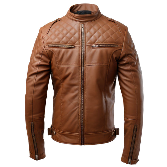 Mens Leather Biker Jacket Quilted Cafe Racer Slim Fit Zipper Moto Genuine Leather Jacket