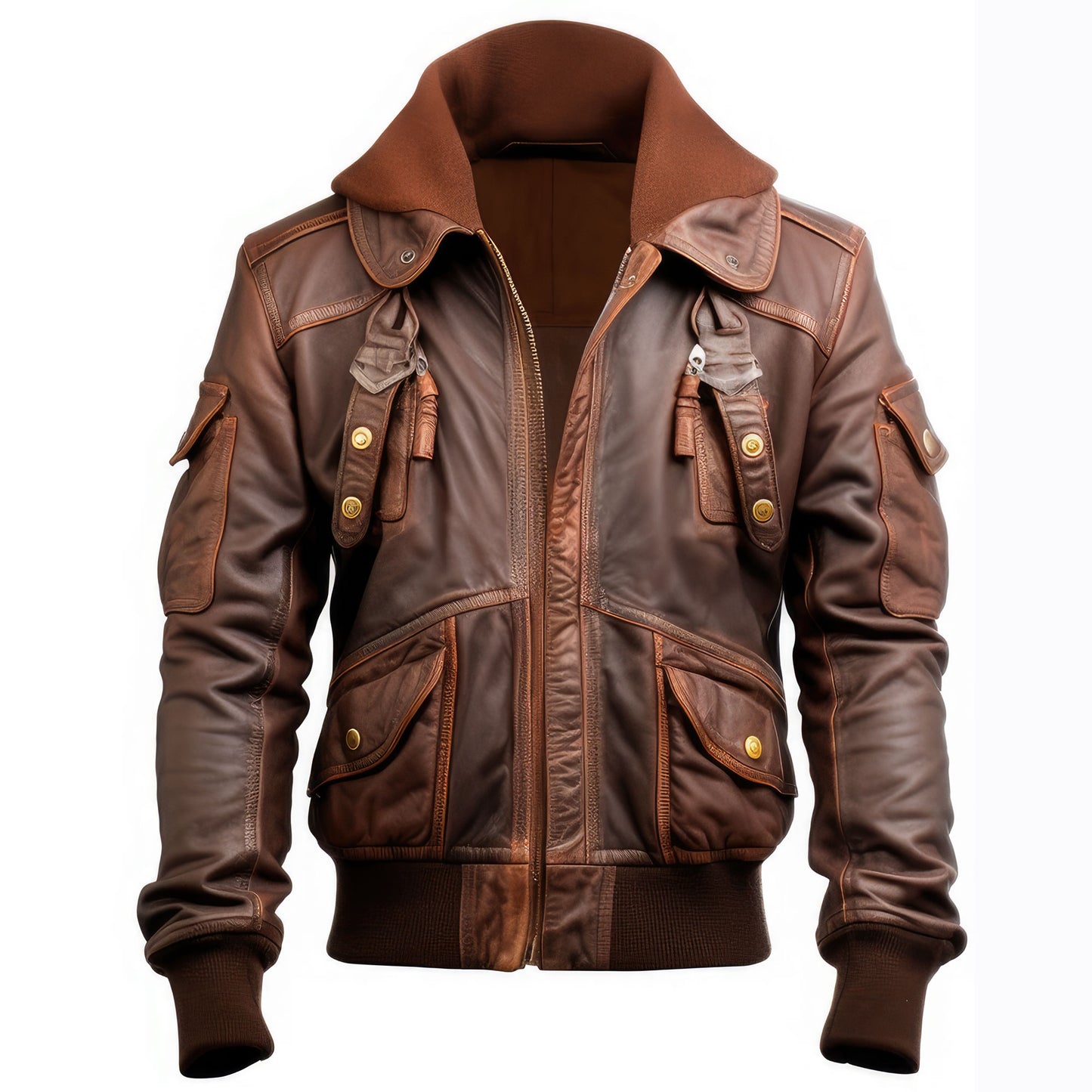 Men Bomber Leather Jacket Lapel Hooded Fur Flight Coat Front Pockets Genuine Leather Jackets