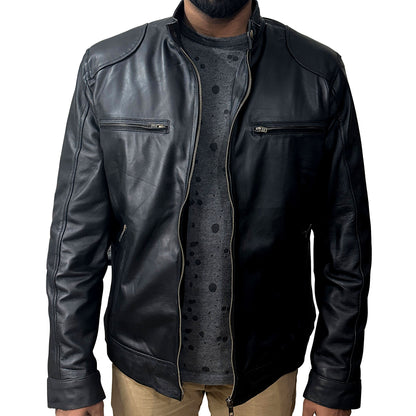 Business Gentleman Zipper Pocket Leather Coat Stand Neck Slim Fit Genuine Leather Jacket