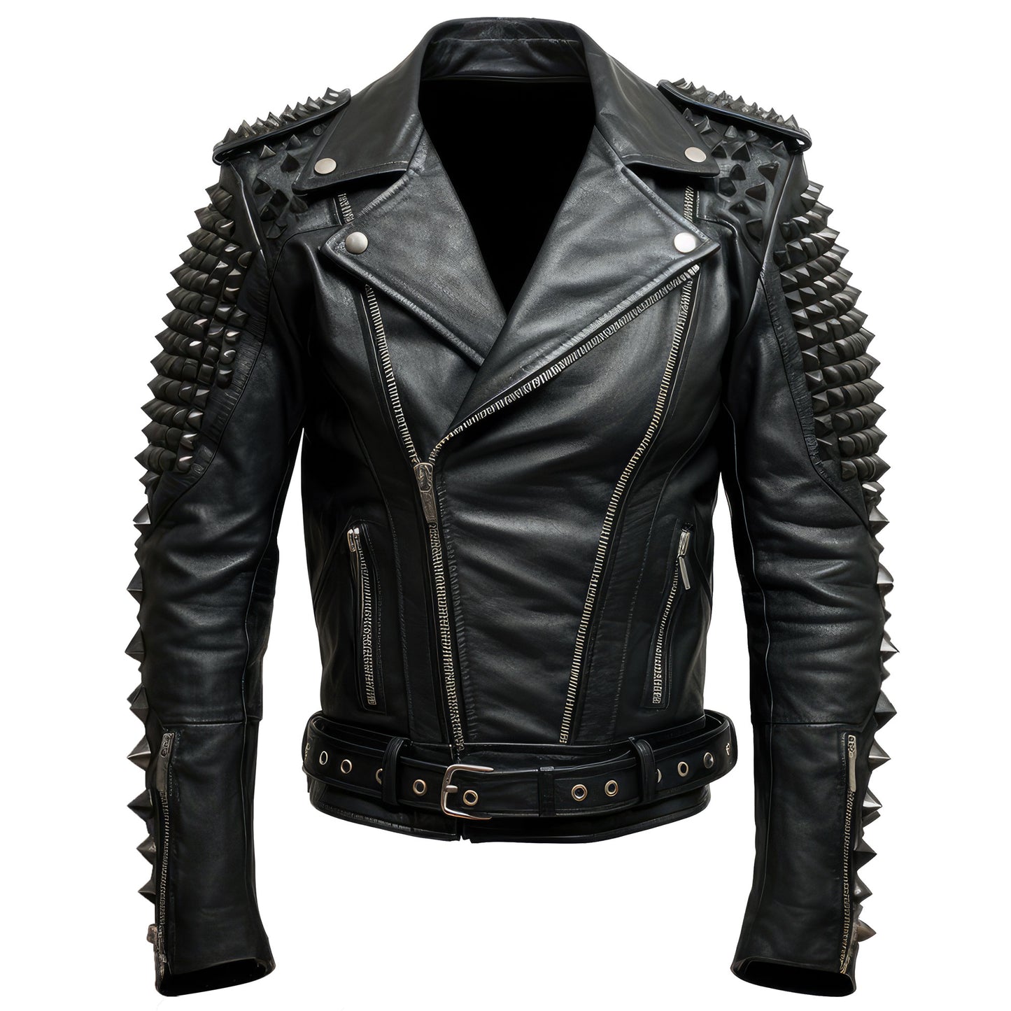 Mens Motorbike Jacket Rock Sleeve and Shoulder Punk Spike Studded Motorcycle Biker Moto Genuine Leather Jackets