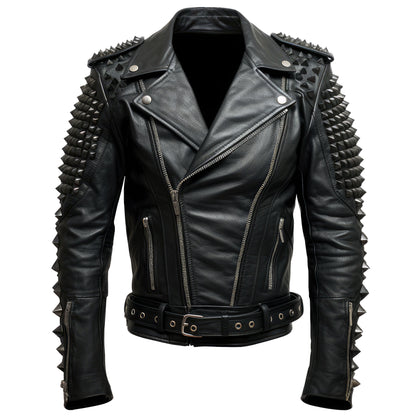 Mens Motorbike Jacket Rock Sleeve and Shoulder Punk Spike Studded Motorcycle Biker Moto Genuine Leather Jackets