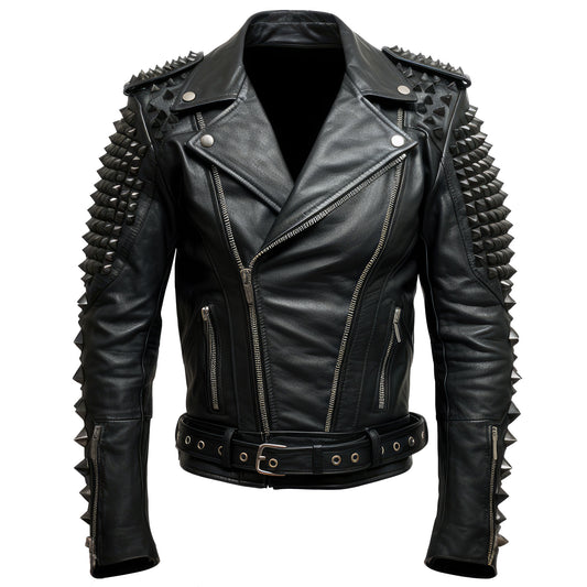 Mens Motorbike Jacket Rock Sleeve and Shoulder Punk Spike Studded Motorcycle Biker Moto Genuine Leather Jackets