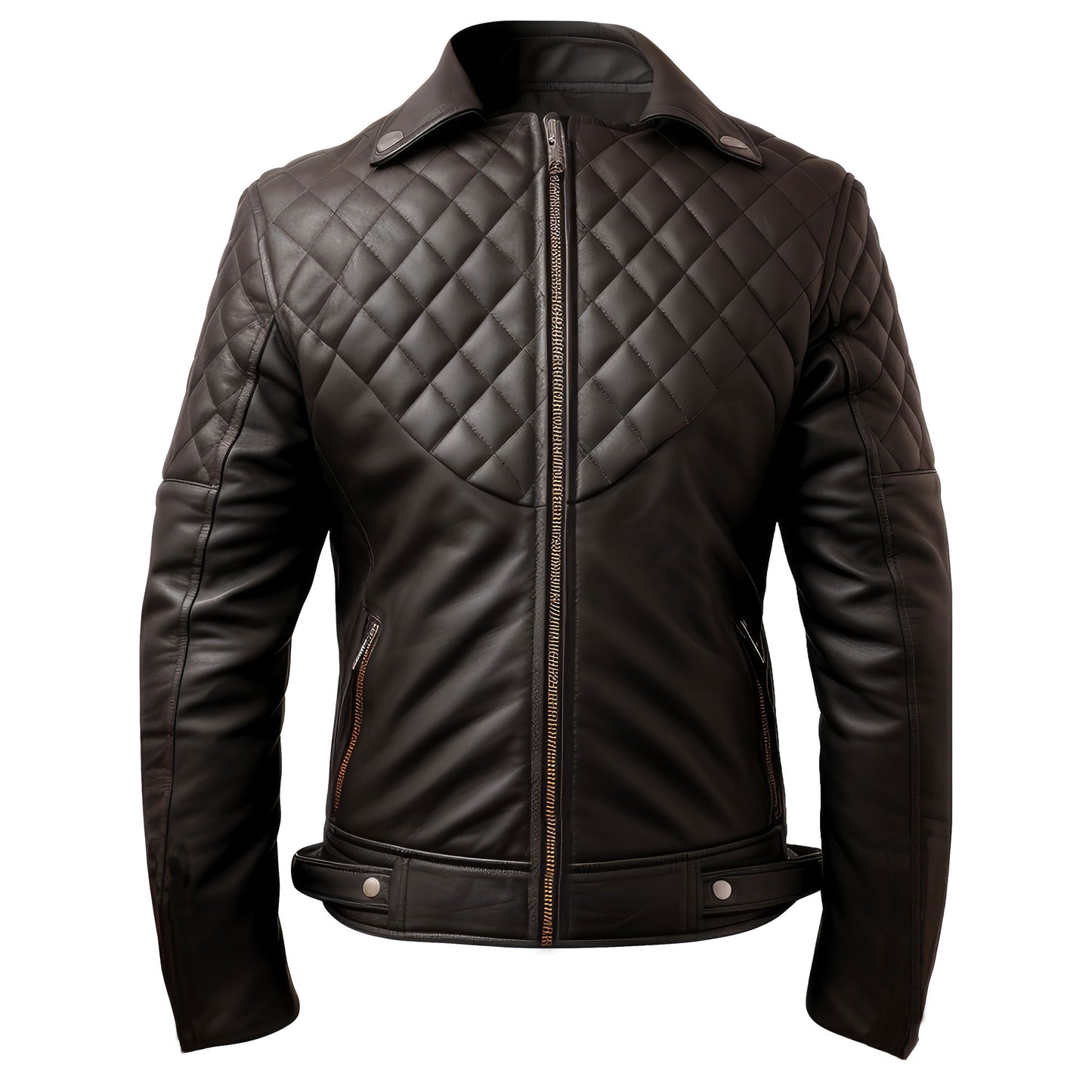 Mens Leather Biker Jacket Quilted Cafe Racer Lapel Contrast Slim Fit Zipper Moto Genuine Leather Jackets