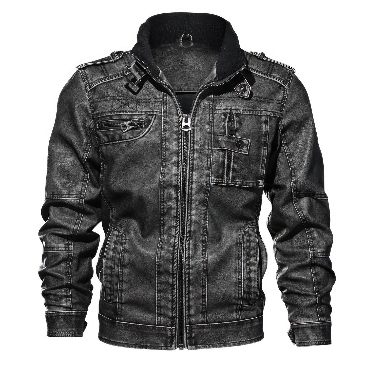 Mens Leather Jackets Men Motorcycle Jacket Stand Collar Zipper Pockets Coats Biker Faux Fashion Outerwear Genuine Leather Jackets