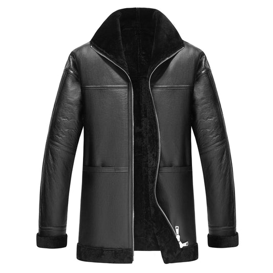 Men Black Genuine Shearling Long Coats Natural Wool Lined Leather Jacket For Men