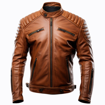 Mens Cafe Racer Casual Motorcycle Sheepskin Coat Multi Zipper Pockets Stand Collar Genuine Leather Jackets