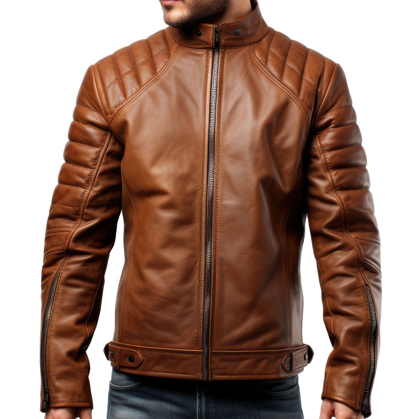 Mens Puffer Leather Biker Jacket Cafe Racer Slim Fit Zipper Pocket Moto Genuine Leather Jackets