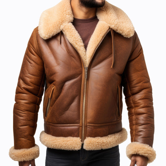 Men Shearling Lapel Fur Leather Jacket Brown Bomber Coat Side Pockets Aviation Genuine Leather Jackets