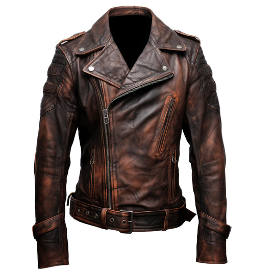 Mens Brown Double Rider Motorcycle Coat Zipper Multi Pockets Stand Collar Bikers Genuine Leather Jackets