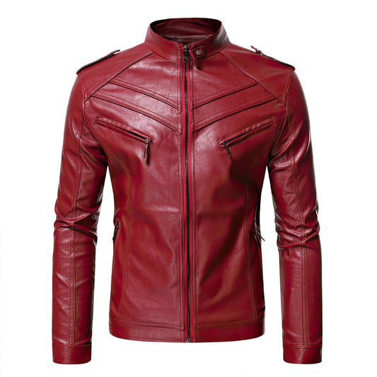 Mens Motorcycle Long Sleeve Stand Collar Faux Leather Lined Zip Warm Genuine Leather Jackets