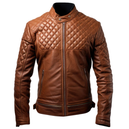 Mens Leather Biker Jacket Quilted Cafe Racer Slim Fit Zipper Moto Genuine Leather Jackets