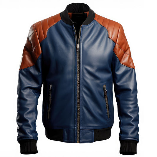 Mens Blue Brown Varsity College Varsity Jackets Bomber Zipper Contrast Genuine Leather Jackets