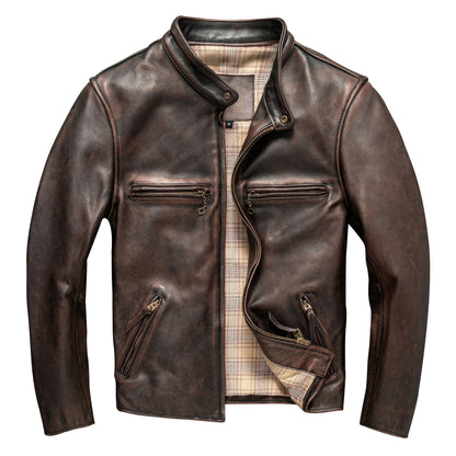 Men Motorcycle Vintage Brown Autumn Leather Jacket Natural Horsehide Slim Fit Genuine Leather Coat Jackets