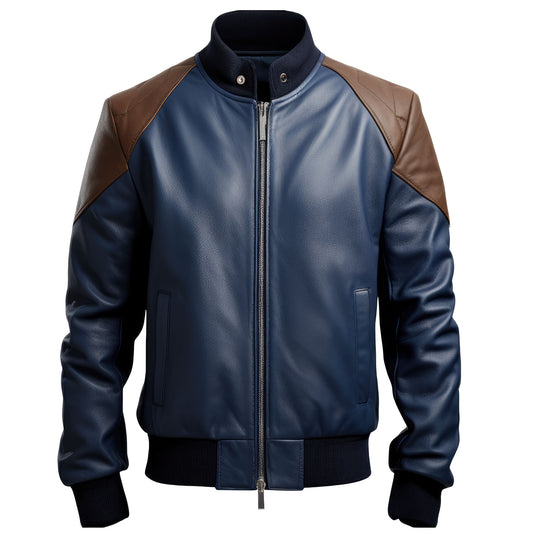 Mens Brown Blue Varsity College Varsity Jackets Bomber Zipper Contrast Genuine Leather Jackets