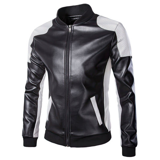 Mens Black And White Patchwork Motorcycle Autumn And Winter Fashionable Genuine Leather Jackets