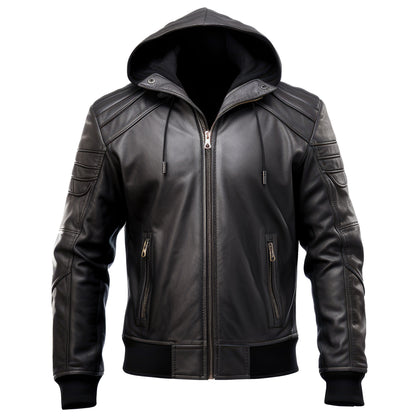 Mens Hooded Leather Jacket Motorcycle Biker Zipper Quilted Genuine Leather Jackets