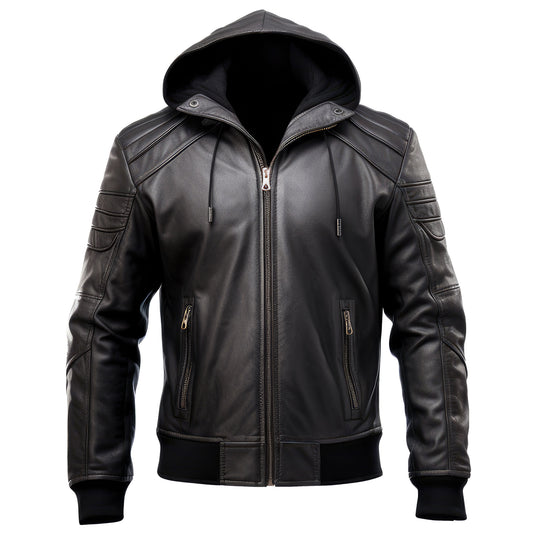 Mens Hooded Leather Jacket Motorcycle Biker Zipper Quilted Genuine Leather Jackets