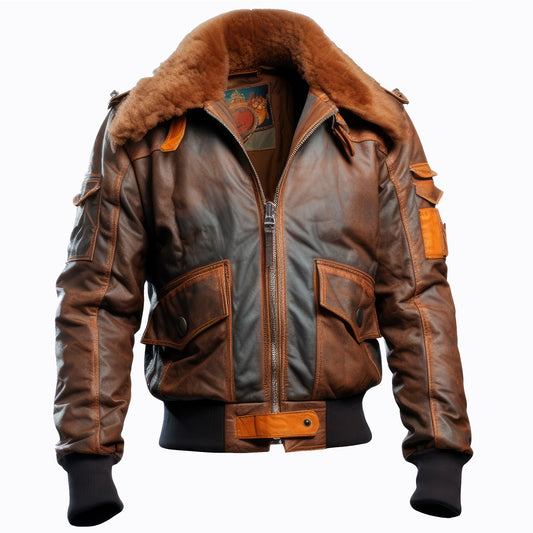 Men Bomber Leather Jacket Flight Fur Fleece Coat Front Pockets Lapel Genuine Leather Jackets