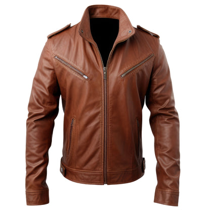 Mens Blazer Leather Jacket Tan Stand Collar Punk Motorcycle Biker Racer Zipper Genuine Leather Jackets