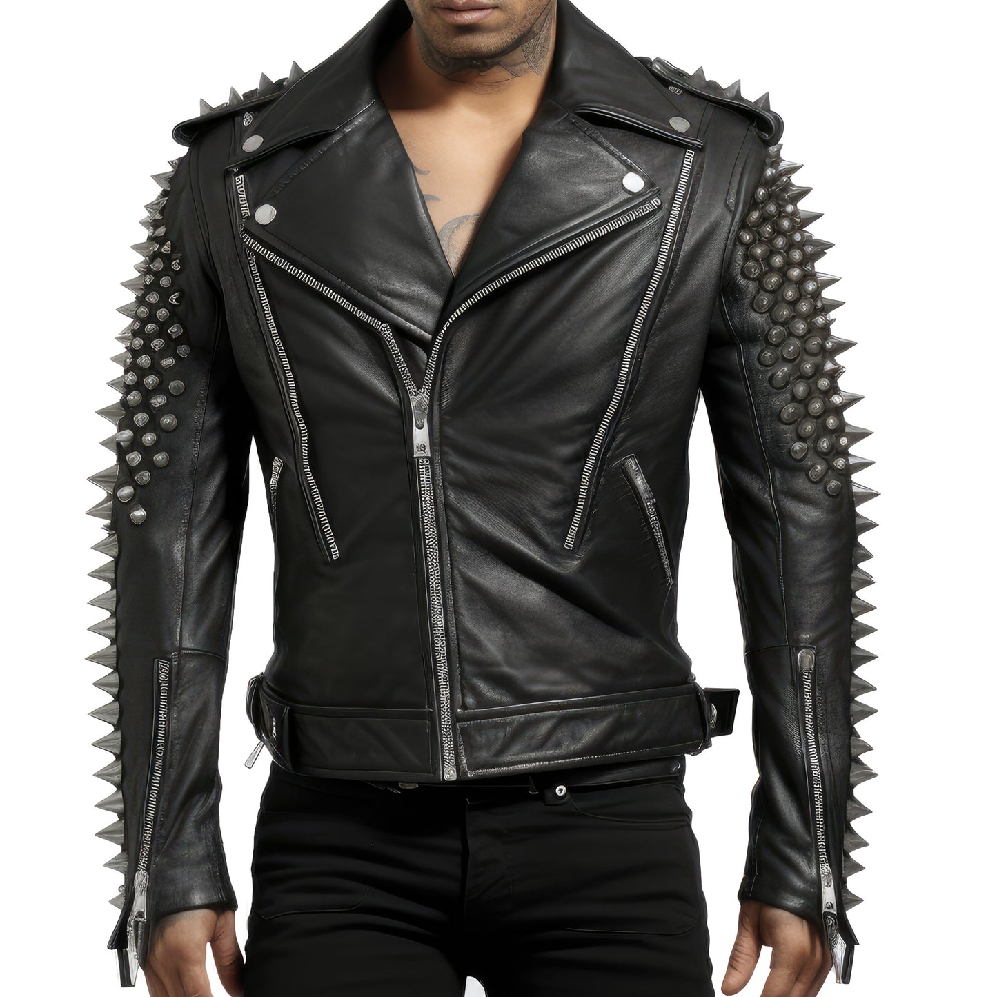 Mens Motorbike Jacket Rock Sleeve and Back Punk Spike Studded Motorcycle Biker Zipper Moto Genuine Leather Jackets