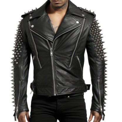Mens Motorbike Jacket Rock Sleeve and Back Punk Spike Studded Motorcycle Biker Zipper Moto Genuine Leather Jackets