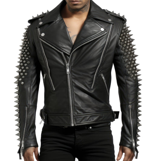 Mens Motorbike Jacket Rock Sleeve and Back Punk Spike Studded Motorcycle Biker Zipper Moto Genuine Leather Jackets