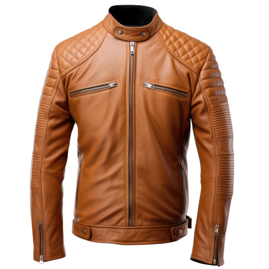 Mens Leather Jacket Biker Puffer Cafe Racer Slim Fit Front Zipper Moto Genuine Leather Jackets