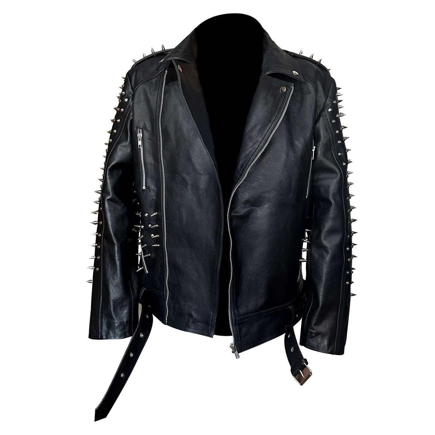 Mens Motorbike Jacket Rock Punk Spike Studded Motorcycle Biker Zipper Genuine Leather Jackets