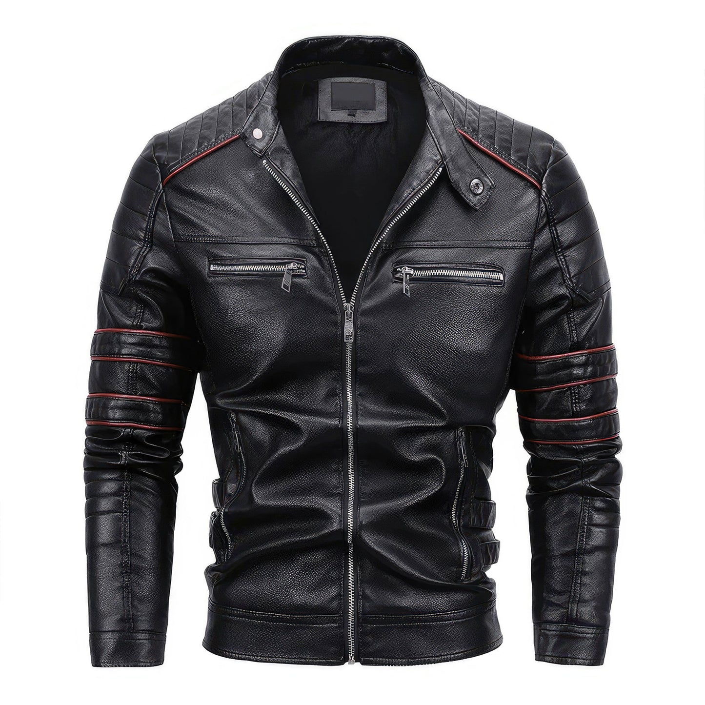 Mens Stand Collar Zipper Autumn Casual Slim Windbreaker Motorcycle Leather Jacket Tactics Coat Fleece Genuine Leather Jackets